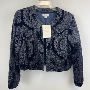 Robin Howe Navy Blue Silk‎ Blend Velvet Burnout Damask Cropped Blazer 10 NWT